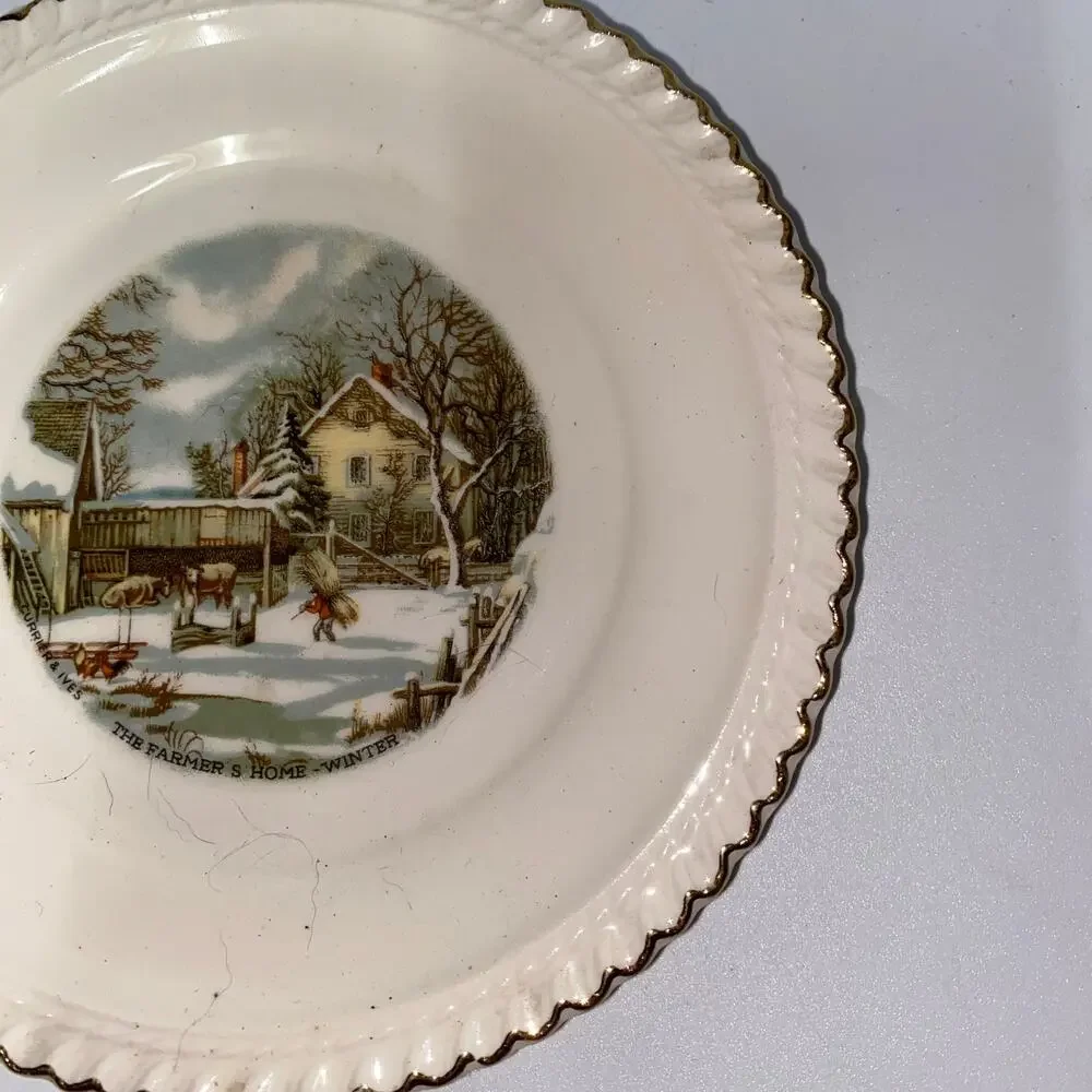 Harkerware The Farmer's Home Winter Plate Gold Trimmed 6